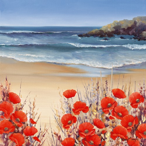 Hilary Mayes, Secret Cove (Meeresbrise, Meer, Strand, Wellen, Blumen, Natur, Floral, Mohn, Blumenwiese, Sommer, Treppenhaus, Wohnzimmer, Wintergarten, Malerei, Wunschgröße, bunt)