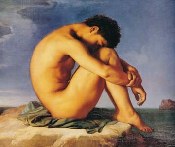 Hippolyte Flandrin, Jeune homme du assis (Aktmalerei, junger Mann, Seitenansicht, Melancholie, Meer, Küste, Symbolismus, Wunschgröße, Menschen, Klassiker, Wohnzimmer)