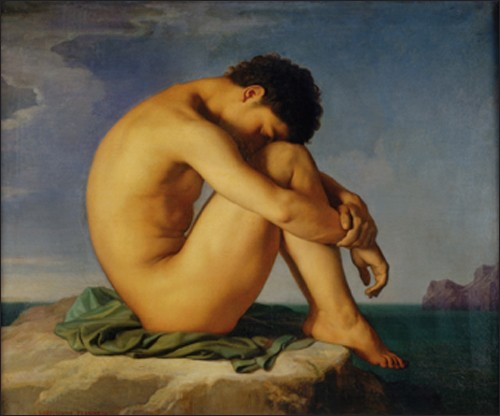 Hippolyte FLANDRIN, Jeune homme nu assis, 1855 (Aktmalerei, junger Mann, Seitenansicht, Melancholie, Meer, Küste, Symbolismus, Menschen, Klassiker, Wohnzimmer)