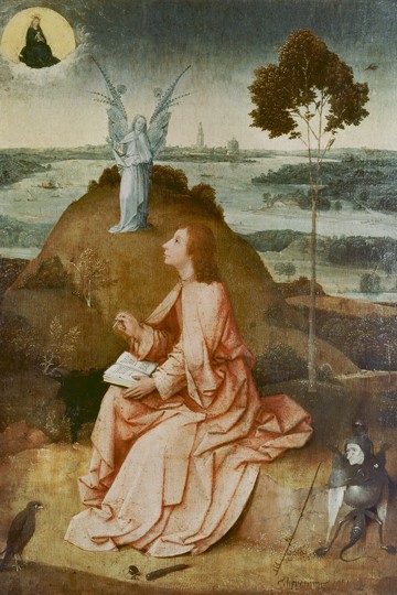 Hieronymus Bosch, Johannes auf Patmos (Wunschgröße, Malerei, Klassiker,  Renaissance, biblische Gestalt, Religion, Vision, Erleuchtung, Erscheinung, Fabelwesen, Landschaft, Kirche, Schlafzimmer, bunt)