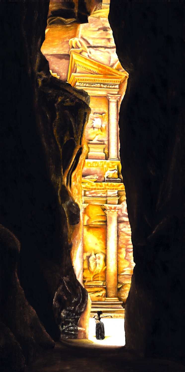 Richard Young, homage to petra (Felsspalte, Felsmassiv, Jordanien, Sehenswürdigkeit, Tempel, Petra, Kulturdenkmal, Antike, Malerei, zeitgenössischer Realismus, Wohnzimmer, Treppenhaus, Wunschgröße, gold/braun)