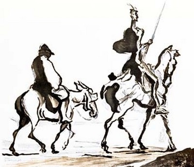 Honoré Daumier, Don Quixote (Klassiker, Realismus, Zeichnung, Menschen, Don Quichote, Sancho Panza, Tiere, Perd, Esel, Treppenhaus, Wohnzimmer, Wunschgröße, schwarz/weiß)