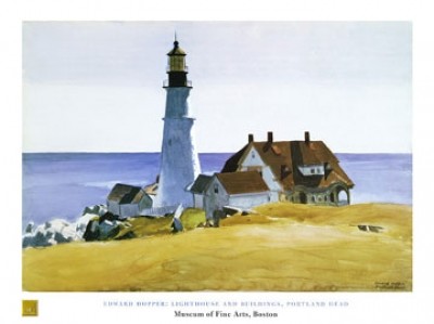 Edward Hopper, Lighthouse and Buildings (American Scene, Malerei, Realismus, Gebäude und Architektur, Leuchtturm, Meer, Panorama, Häuser, Landschaft, Hügel, Einöde, Felsen, Menschenleere, Wohnzimmer, Wintergarten, bunt)