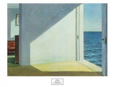Edward Hopper, Rooms by the Sea (American Scene, Malerei, Realismus, Gebäude und Architektur, Zimmer, Ausblick, Meer, Meeresblick, Sonnenlicht, Schatten, Leere, Menschenleere, Isolation, Wohnzimmer, bunt)