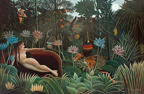 Henri Rousseau, Der Traum (Dschungel, Blumen, Sofa, nackte Frau, Löwinnen, Flötenspieler, Paradies, magischer Realismus, mystisch, Wunschgröße, Wohnzimmer, Treppenhaus, Malerei, bunt)