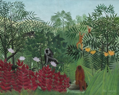 Henri Rousseau, Tropenwald mit Affen (Dschungel, Wald, exotisch, Affen, Urwald, magischer Realismus, Wohnzimmer, Treppenhaus, Malerei, Wunschgröße, Klassische Moderne, bunt)