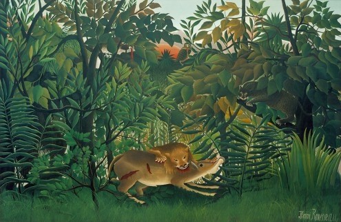 Henri Rousseau, Der hungrige Löwe (Dschungel, Bäume, Löwe, Panther, Kuh, Beute, Jagd, Kampf, magischer Realismus, Wunschgröße, Wohnzimmer, Treppenhaus, Malerei, klassische Moderne, bunt)