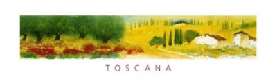 Theresa Hültner, Toscana Impressionen VI (Modern, Malerei,Panorama, Italien, Landschaften, Toskana, Bäume, Zypressen, Dorf, grün / gelb,Schlafzimmer,Wohnzimmer)