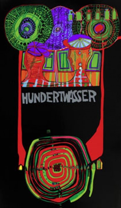 Friedensreich Hundertwasser, Welttournee (Malerei, Plakat, Klassische Moderne, Abstrakt, geometrische Muster, abstrakte Formen, Wohnzimmer, Arztpraxis, bunt)