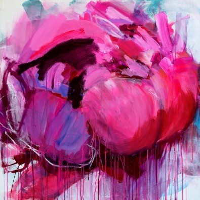 Heidi Willberg, OT 52-17 (Blumen, Blüten, Farbkleckse, Verlauf, Farbtropfen, dynamisch, modern, Malerei, Wunschgröße, Wohnzimmer, pink/violett)