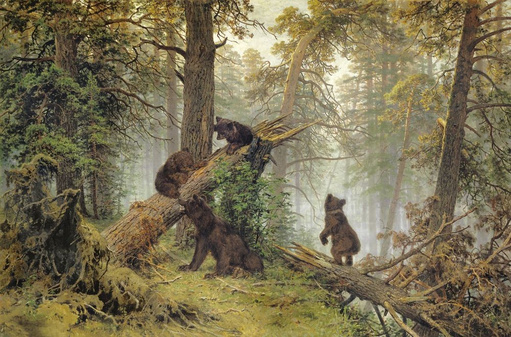 I. Shishkin/ Tretyakov Gal., MORING IN A PINE WOOD (Malerei, Nostalgie, Natur, Landschaft, Wald, Pinienwald, Tiere, Bären, Spiel, Morgendunst, Wohnzimmer, bunt)