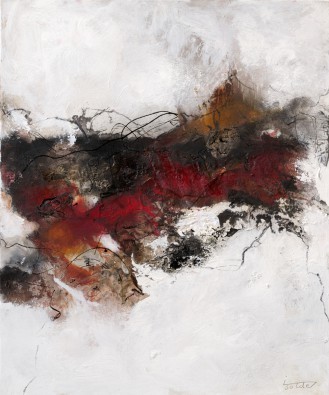 Isolde Folger, Rosso IV (Farbauftrag, pastos,  Dynamik, Pinselspuren, abstrakt, moderne Malerei, zeitgenösisch, Treppenhaus, Wohnzimmer, Büro, Wunschgröße, grau/rot)