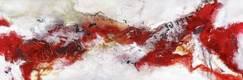 Isolde Folger, Im Weinberg (Farbauftrag, pastos,  Dynamik, Pinselspuren, abstrakt, moderne Malerei, zeitgenösisch, Treppenhaus, Wohnzimmer, Büro, Wunschgröße, grau/rot)