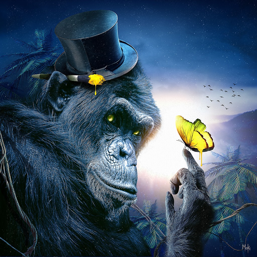 Moki, Singe papillon (Affe, Schimpanse, Tierportrait, Zylinder, Schmetterling, Pop-Art, modern, schrill, Malerei, Jugendzimmer, Wohnzimmer, Treppenhaus, Wunschgröße, bunt)