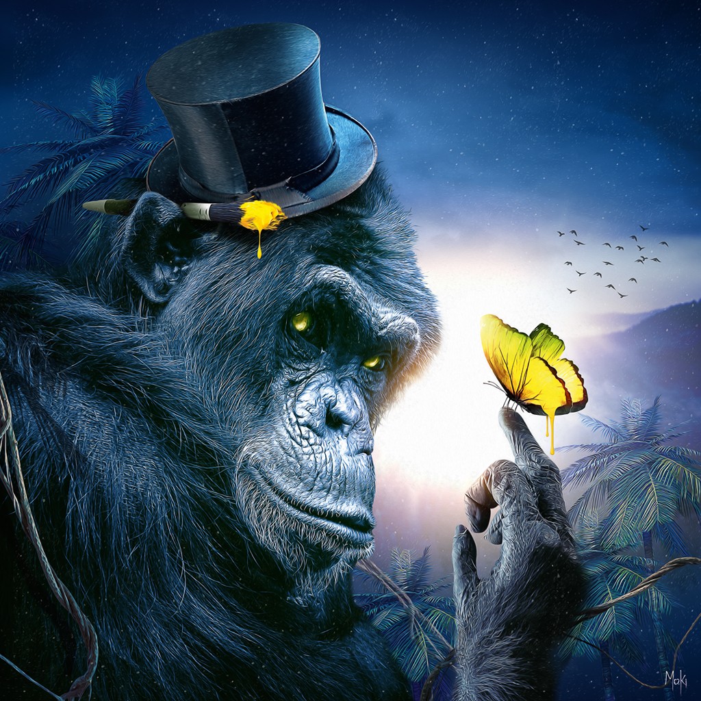 Moki, Singe papillon (Affe, Schimpanse, Tierportrait, Zylinder, Schmetterling, Pop-Art, modern, schrill, Malerei, Jugendzimmer, Wohnzimmer, Treppenhaus, bunt)