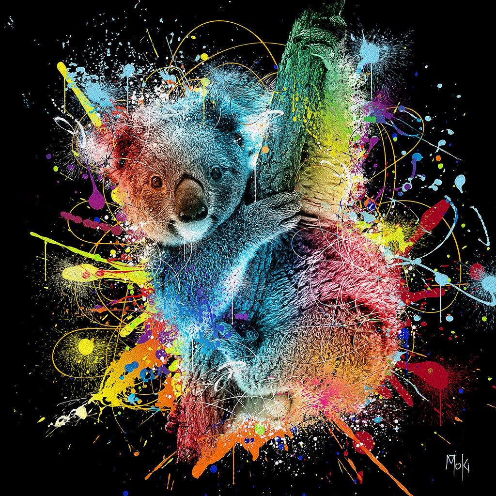 Moki, Koala Color (Tierportrait, Koala-Bär, Farbspritzer, Pop-Art, modern, schrill, Malerei, Jugendzimmer, Wohnzimmer, Treppenhaus, Wunschgröße, bunt)