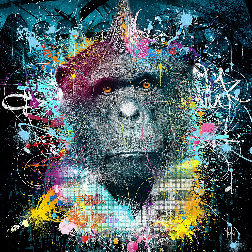 Moki, Monkey Pop (Affe, Tierportrait, Pop-Art, modern, schrill, Malerei, Jugendzimmer, Wohnzimmer, Treppenhaus, Wunschgröße, bunt)