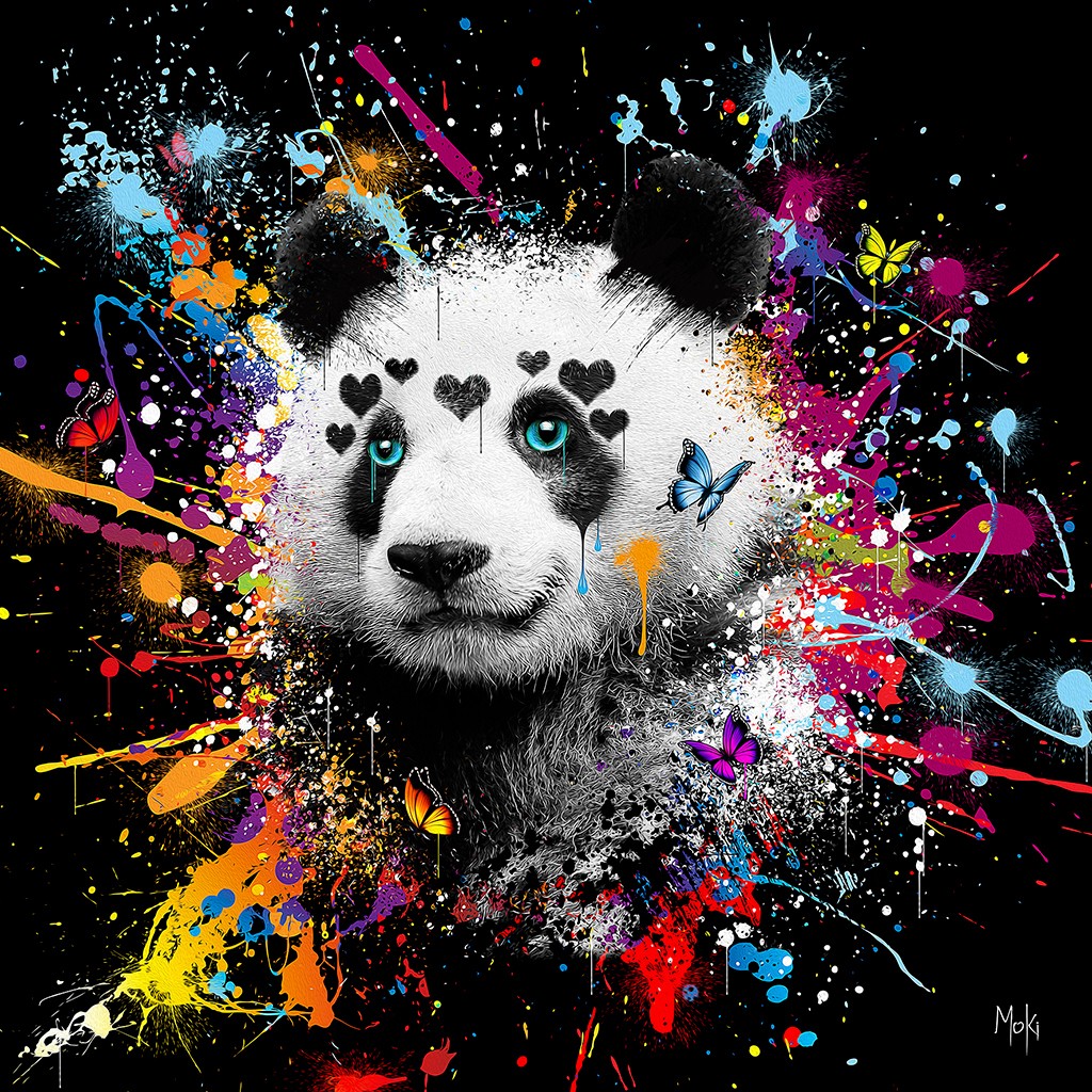 Moki, Panda Pop (Panda, pandabär, Tierportrait, Pop-Art, modern, schrill, Malerei, Jugendzimmer, Wohnzimmer, Treppenhaus, Wunschgröße, bunt)