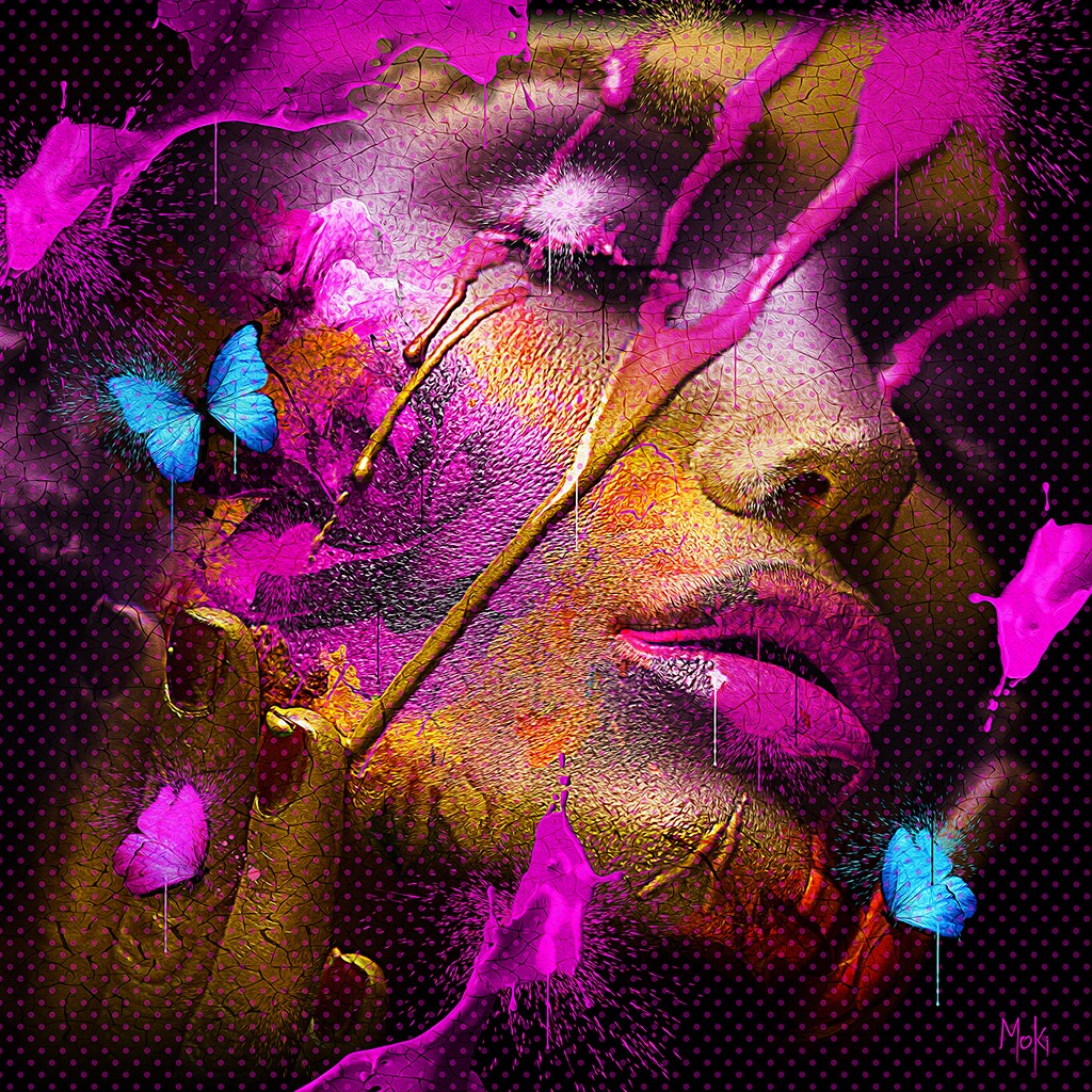 Moki, Woman Color (Frau, Gesicht, Portrait, Schmetterlinge, Farbspritzer, Pop-Art, modern, schrill, Malerei, Jugendzimmer, Wohnzimmer, Treppenhaus, Wunschgröße, bunt)