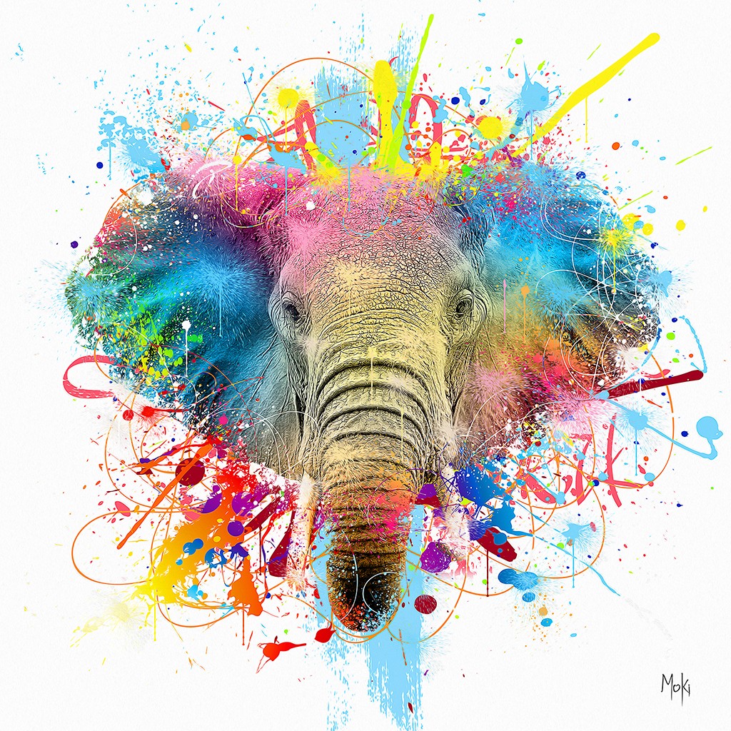 Moki, Eléphant Pop weiss (Elefant, Tierportrait, Rüssel, Farbspritzer, Pop-Art, modern, schrill, Malerei, Jugendzimmer, Wohnzimmer, Treppenhaus, Wunschgröße, bunt)