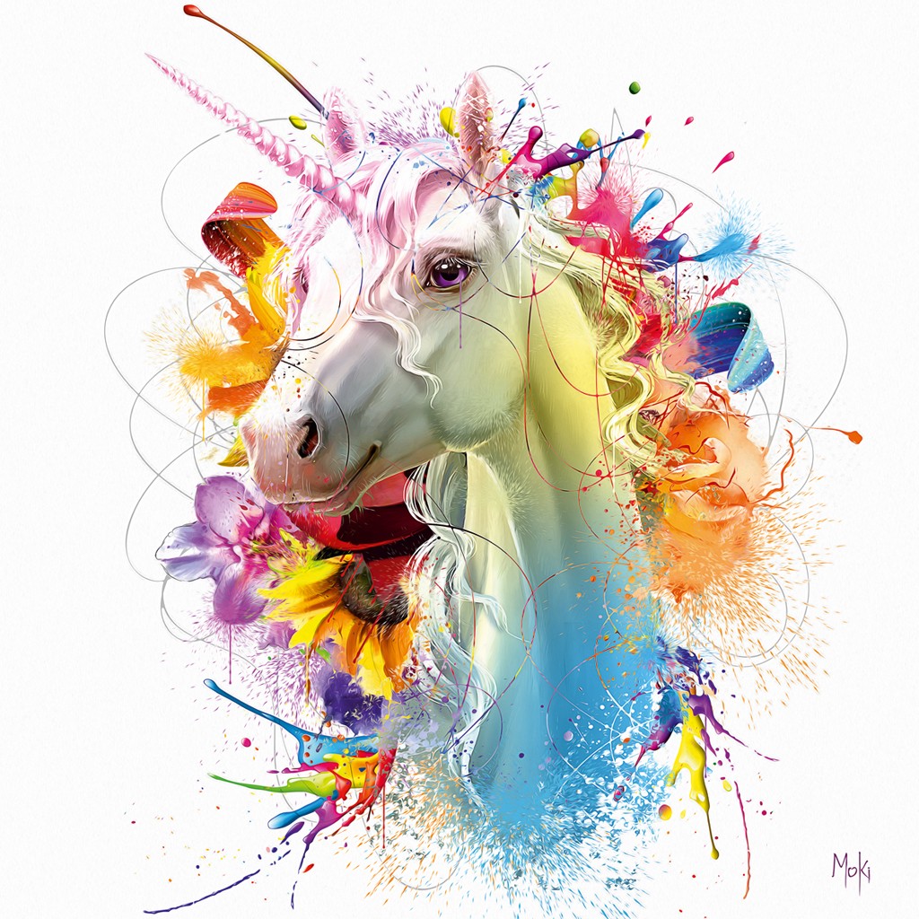 Moki, Licorne Color (Einhorn, Fabelwesen, Tierportrait, Farbspritzer, Pop-Art, modern, schrill, Malerei, Jugendzimmer, Wohnzimmer, Treppenhaus, bunt)
