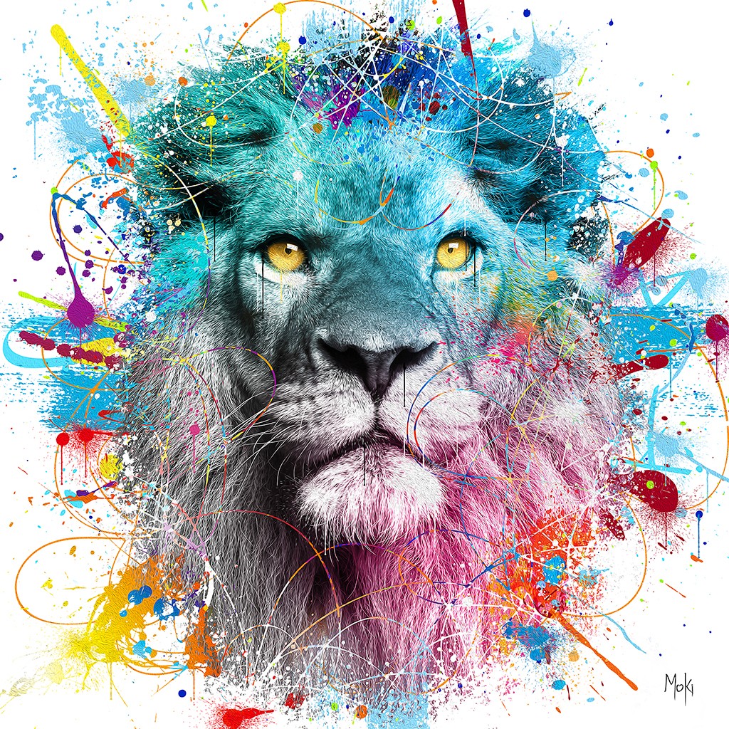 Moki, Lion Pop (Löwe, Raubtier, Tierportrait, Farbspritzer, Pop-Art, modern, schrill, Malerei, Jugendzimmer, Wohnzimmer, Treppenhaus, Wunschgröße, bunt)