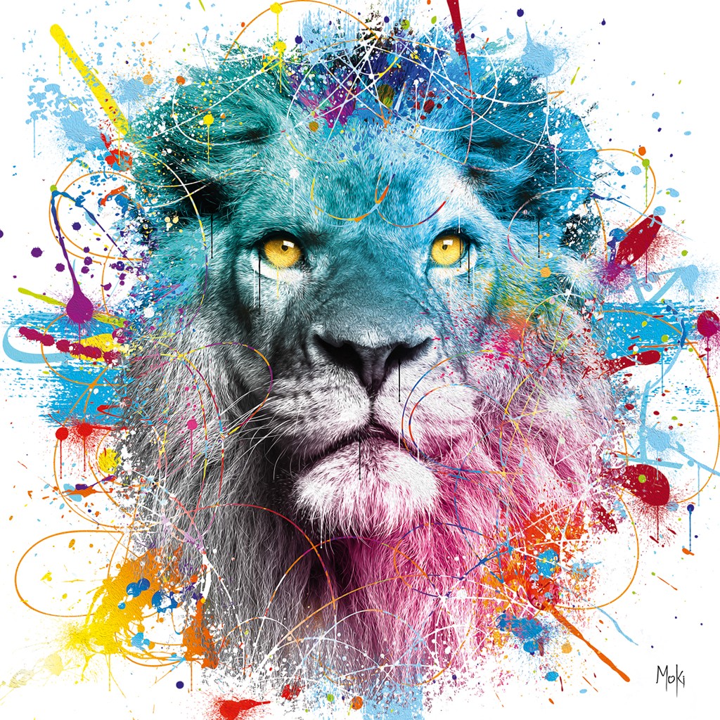 Moki, Lion Pop (Löwe, Raubtier, Tierportrait, Farbspritzer, Pop-Art, modern, schrill, Malerei, Jugendzimmer, Wohnzimmer, Treppenhaus,  bunt)