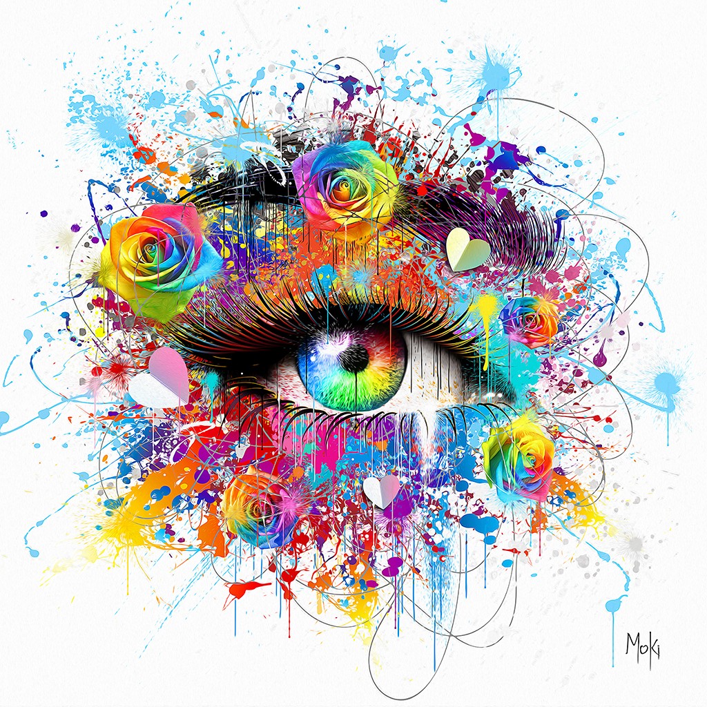 Moki, Oeil Pop (Auge, Wimpern, Blüten, Rosen, Farbspritzer, Pop-Art, modern, schrill, Malerei, Jugendzimmer, Wohnzimmer, Treppenhaus, Wunschgröße, bunt)