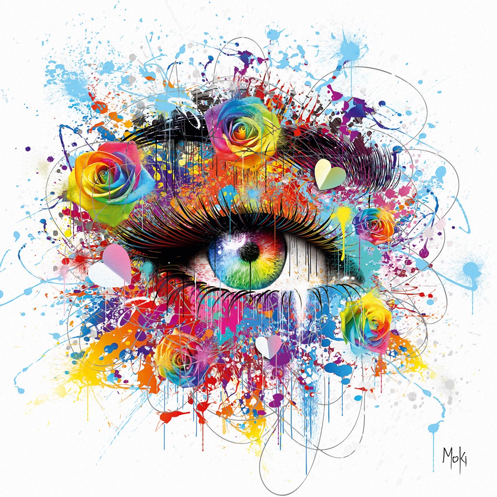 Moki, Oeil Pop (Auge, Wimpern, Blüten, Rosen, Farbspritzer, Pop-Art, modern, schrill, Malerei, Jugendzimmer, Wohnzimmer, Treppenhaus,  bunt)