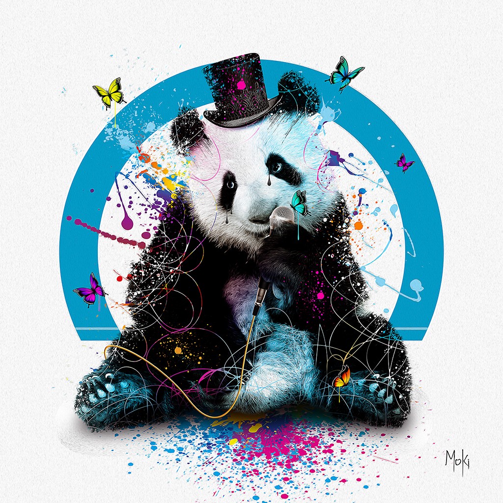 Moki, Panda chanteur (Panda, Bär, Tier, Zylinder, Mikrophon, Farbspritzer, Pop-Art, modern, schrill, Malerei, Jugendzimmer, Wohnzimmer, Treppenhaus, Wunschgröße, bunt)