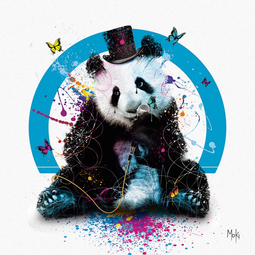 Moki, Panda chanteur (Panda, Bär, Tier, Zylinder, Mikrophon, Farbspritzer, Pop-Art, modern, schrill, Malerei, Jugendzimmer, Wohnzimmer, Treppenhaus, bunt)