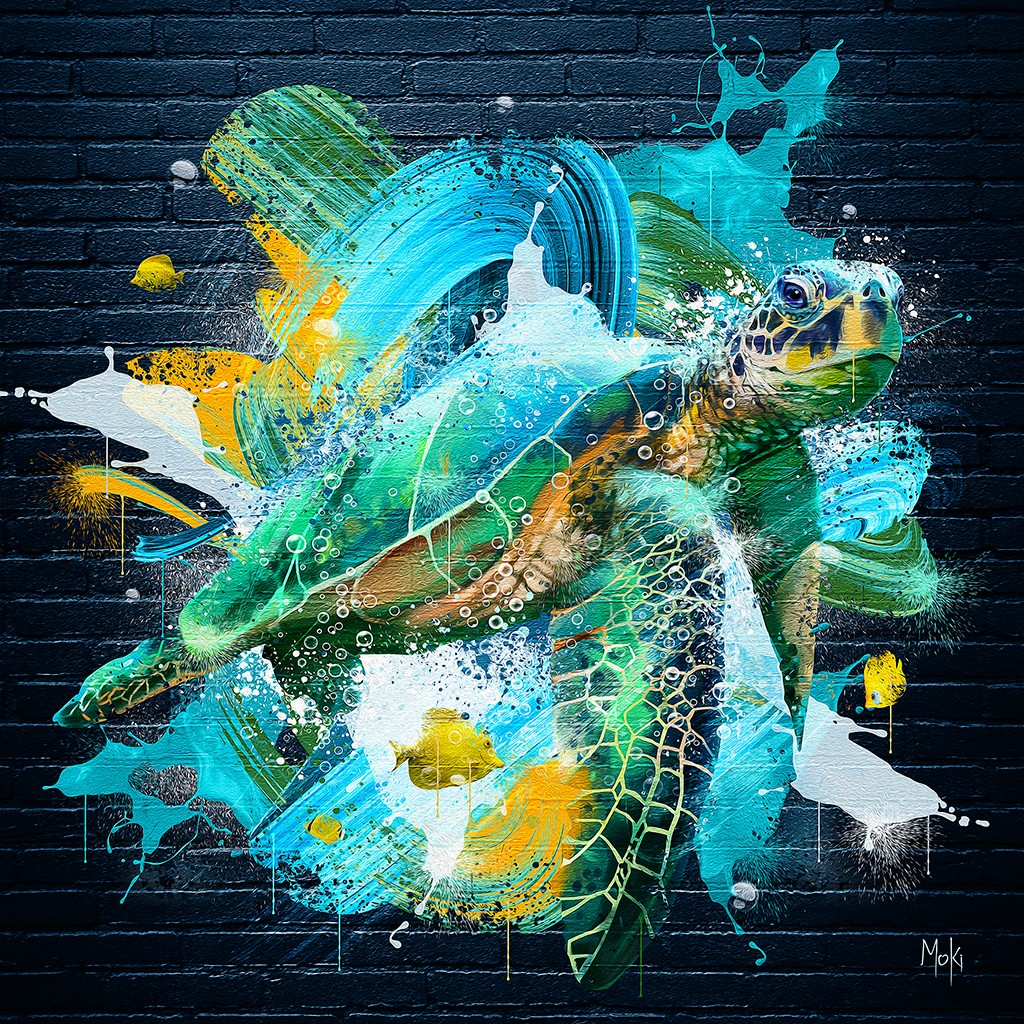Moki, Tortue Pop (Schildkröte, Meeresschildkröte, Tierportrait, Mauerwerk,  Farbspritzer, Pop-Art, modern, schrill, Malerei, Jugendzimmer, Wohnzimmer, Treppenhaus, Wunschgröße, bunt)