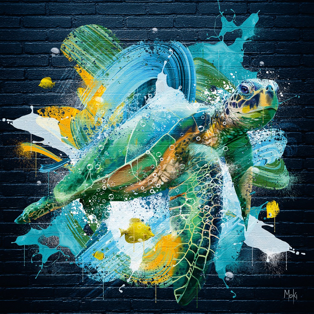 Moki, Tortue Pop (Schildkröte, Meeresschildkröte, Tierportrait, Mauerwerk, Graffity, Farbspritzer, Pop-Art, modern, schrill, Malerei, Jugendzimmer, Wohnzimmer, Treppenhaus, bunt)