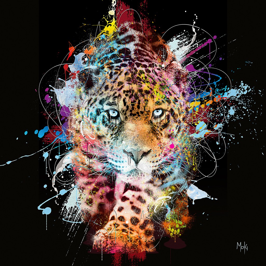 Moki, Leopard Pop (Leopard, Raubkatze, Tierportrait, Farbspritzer, Pop-Art, modern, schrill, Malerei, Jugendzimmer, Wohnzimmer, Treppenhaus, Wunschgröße, bunt)