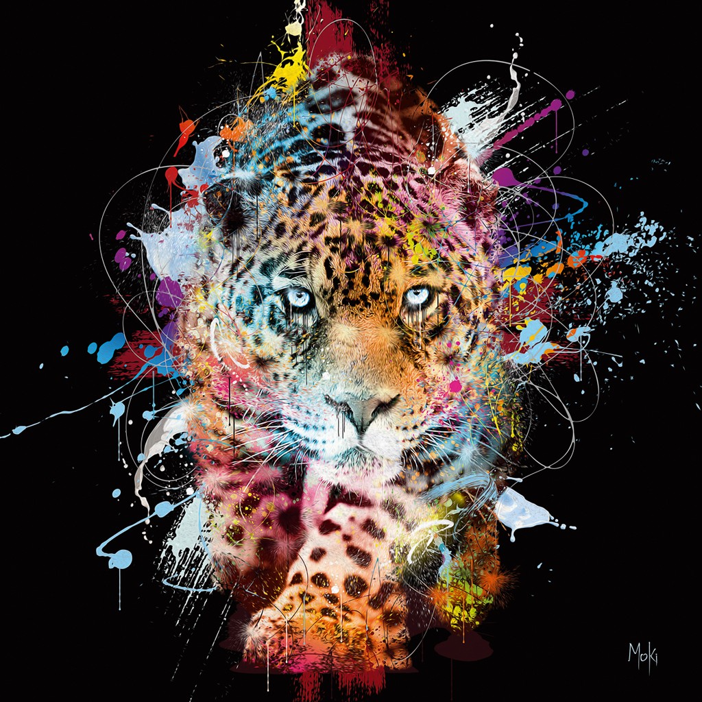 Moki, Leopard Pop (Leopard, Raubkatze, Tierportrait, Farbspritzer, Pop-Art, modern, schrill, Malerei, Jugendzimmer, Wohnzimmer, Treppenhaus, bunt)