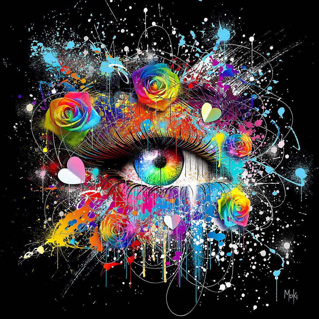 Moki, Oeil Pop noir (Auge, Wimpern, Blüten, Rosen, Farbspritzer, Pop-Art, modern, schrill, Malerei, Jugendzimmer, Wohnzimmer, Treppenhaus, Wunschgröße, bunt)