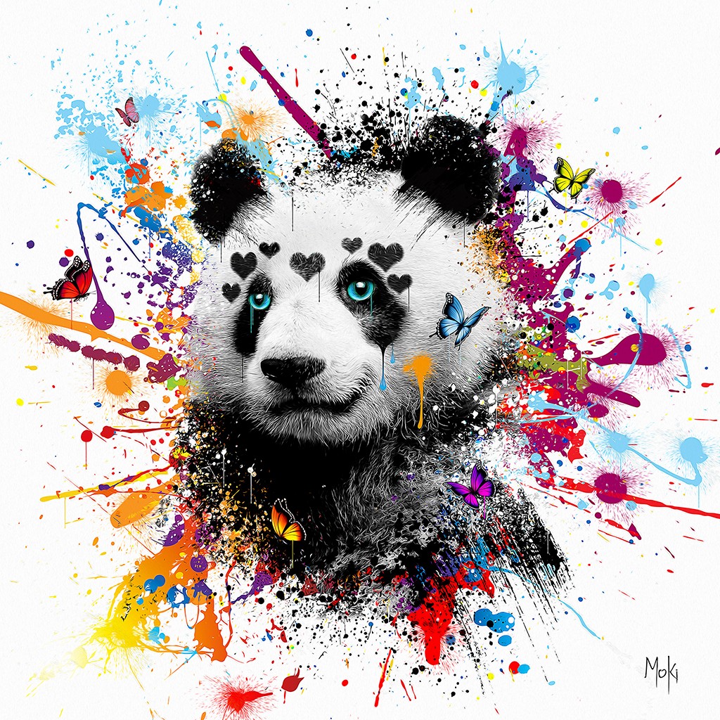 Moki, Panda pop blanc (Panda, Pandabär, Tierportrait, Pop-Art, modern, schrill, Malerei, Jugendzimmer, Wohnzimmer, Treppenhaus, Wunschgröße, bunt)
