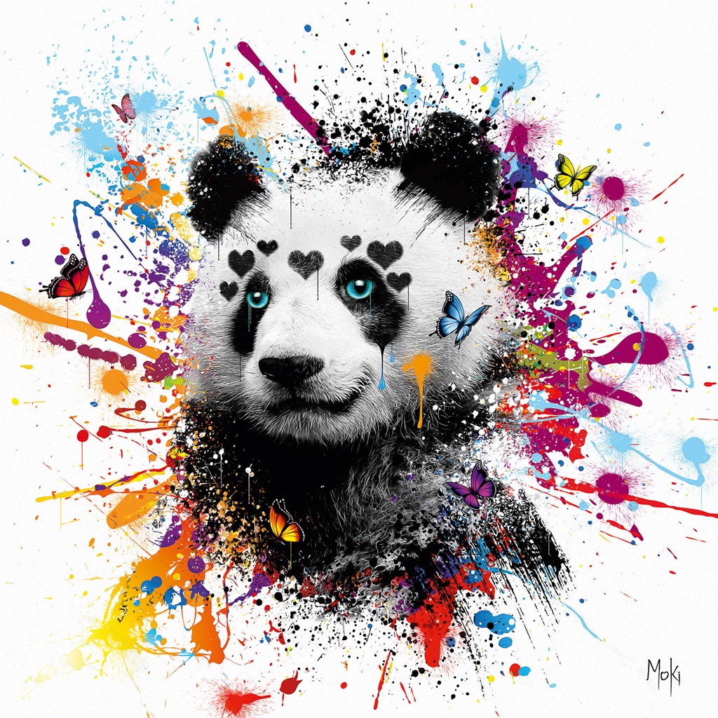 Moki, Panda pop blanc (Panda, Pandabär, Tierportrait, Pop-Art, modern, schrill, Malerei, Jugendzimmer, Wohnzimmer, Treppenhaus,  bunt)