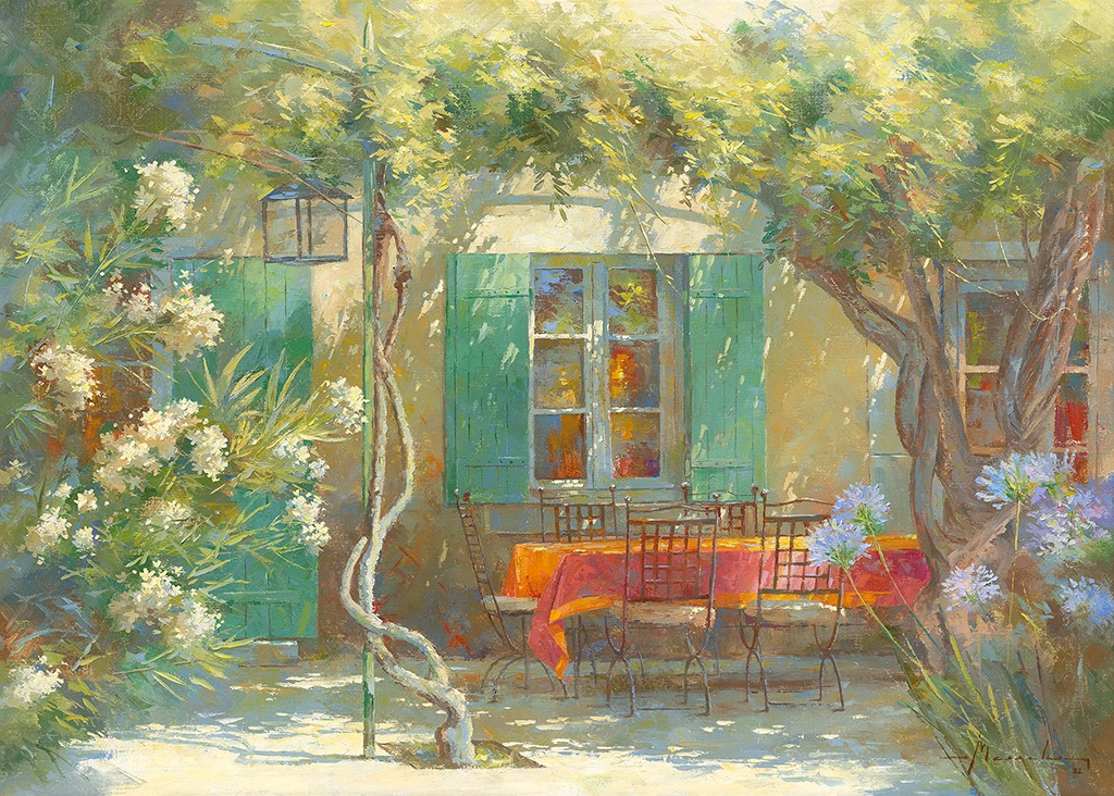 Johan Messely, Terrasse d’été (Wunschgröße, Malerei, Nostalgie, Garten, Natur, Mediterran, Terrasse, Haus, Pflanzen, Blüten, Sommer, Entspannung, Ruhe, Schatten,  Idylle, Sonnenlicht, Wohnzimmer, Wintergarten, bunt)