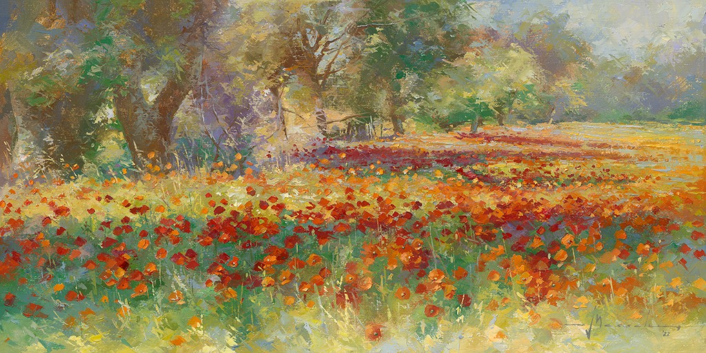 Johan Messely, Spectacle enchanteur (Blumenwiese, Mohnblumen, Pflanzen, Sommer, Idylle, Sonnenlicht, Wohnzimmer, Esszimmer,  Malerei, bunt)