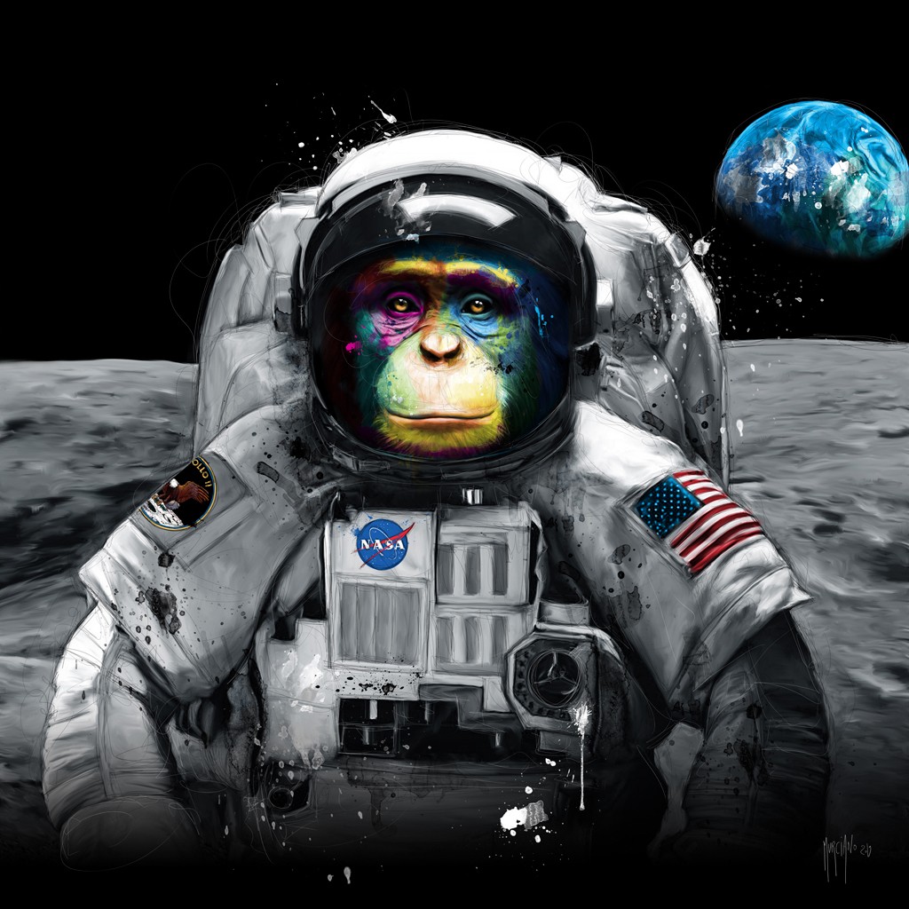 Patrice Murciano, Apollo (Pop Art, Affe, Schimpanse, Astronaut, witzig, Raumanzug, Malerei, Jugendzimmer, Wohnzimmer, Jugendzentrum, Wunschgröße, bunt)