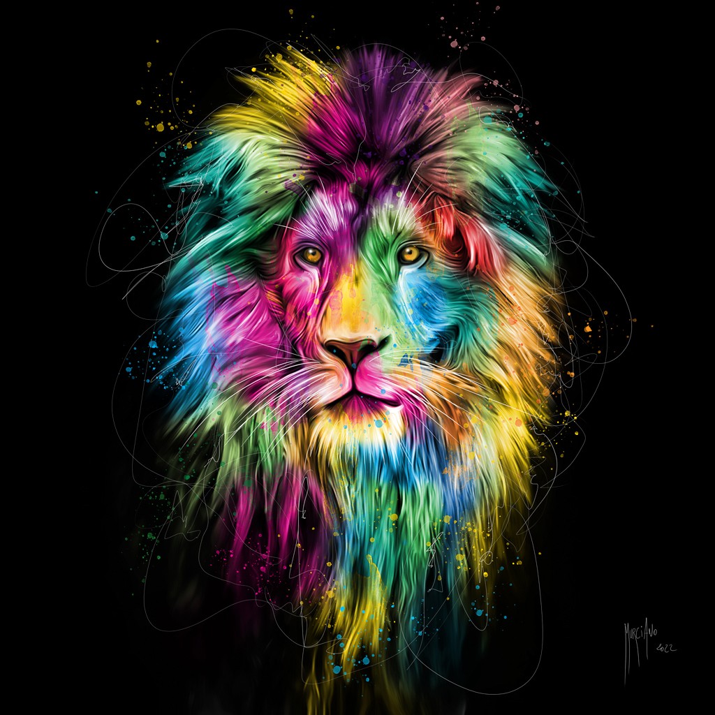 Patrice Murciano, Jungle King (Pop Art, Löwe, Tierportrait,  Mähne, Leuchtfarben, Neon, Schrill, Modern, Malerei, Jugendzimmer, Wohnzimmer, Jugendzentrum, Wunschgröße, bunt)