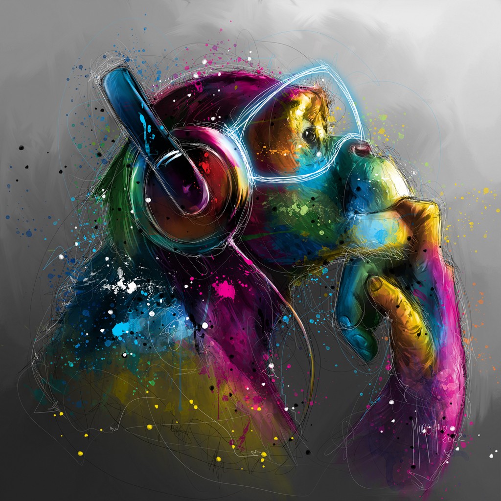 Patrice Murciano, Meta Monkey (Pop Art, Affe, Schimpanse, Kopfhöhrer, witzig, Humor, Leuchtfarben, Neon, Schrill, Modern, Malerei, Jugendzimmer, Wohnzimmer, Jugendzentrum, bunt)