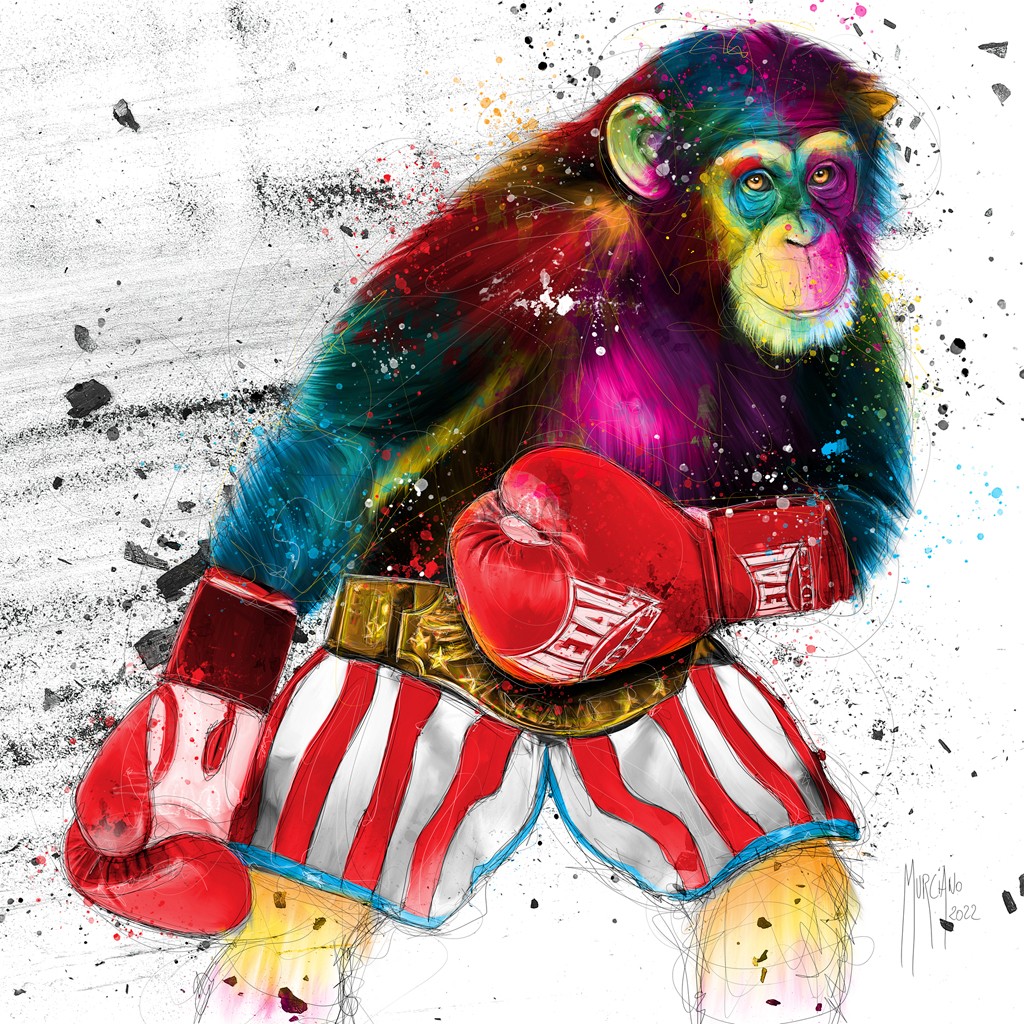 Patrice Murciano, King of Ring (Pop Art, Affe, Boxer, Champion, Schimpanse, Antropomorphismus, witzig, Humor, Leuchtfarben, Neon, Schrill, Modern, Malerei, Jugendzimmer, Wohnzimmer, Jugendzentrum, bunt)