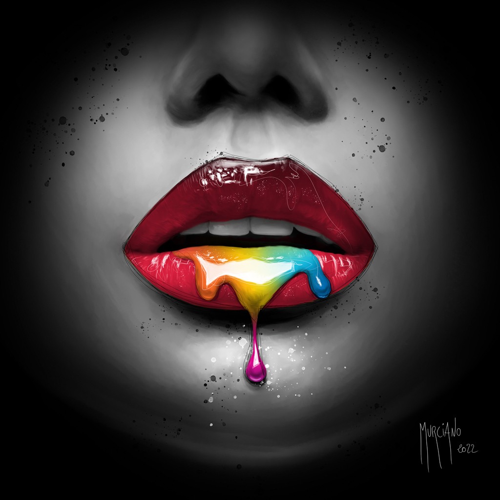 Patrice Murciano, Rainbow Kiss (Pop Art, Erotik, Sinnlichkeit, Mund, Lippen, Punk, Leuchtfarben, Neon, Schrill, Modern, Malerei, Jugendzimmer, Wohnzimmer, Jugendzentrum, Wunschgröße, regenbogenfarben)