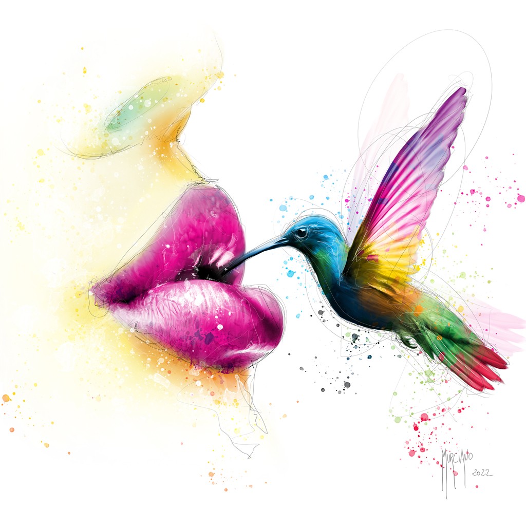 Patrice Murciano, Little Kiss (Pop Art, Erotik, Sinnlichkeit, Mund, Lippen,Kolibri, Kuss, Leuchtfarben, Neon, Schrill, Modern, Malerei, Jugendzimmer, Wohnzimmer, Jugendzentrum, Wunschgröße, pink)