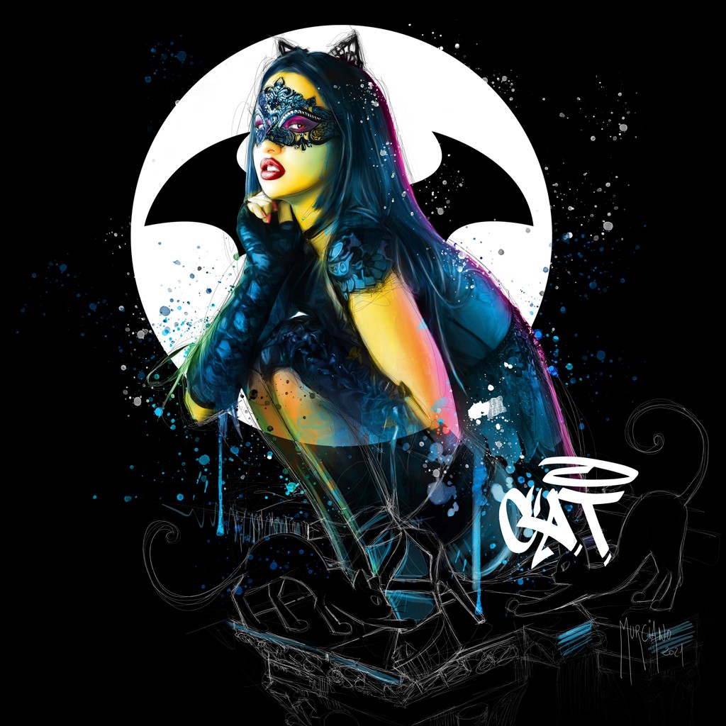 Patrice Murciano, Cat (Pop Art, Punk, Frau, sexy,  Catwoman, Katzenohren, Augenmaske, Vollmond, Leuchtfarben, Neon, Schrill, Modern, Malerei, Wunschgröße, Jugendzimmer, Wohnzimmer, Jugendzentrum, bunt)