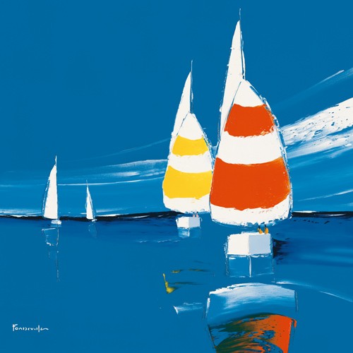 Guy Fontdeville, Dans le vent (Meeresbrise, Segler, abstrakte Malerei, Segelboote, Wind, unterm Wind, Wassersport, Maritim, Modern, Wohnzimmer, Treppenhaus, Wunschgröße, bunt)