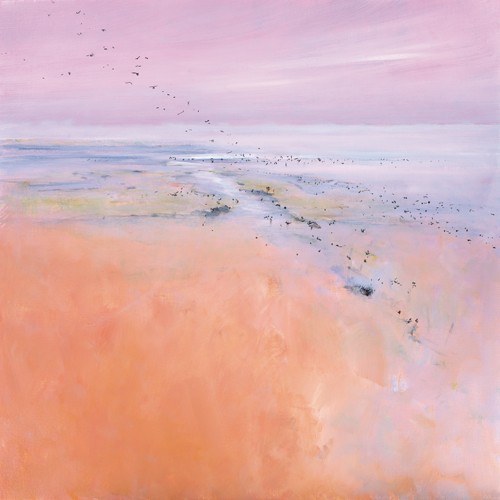 Jan  Groenhart, Birds in the Sky (Landschaft, Niederlande, Ebene, Meer, Vogelschwarm, Horizont, Sommertag, Wohnzimmer, Arztpraxis, Schlafzimmer, zeitgenössisch, Malerei, rosa/orange)