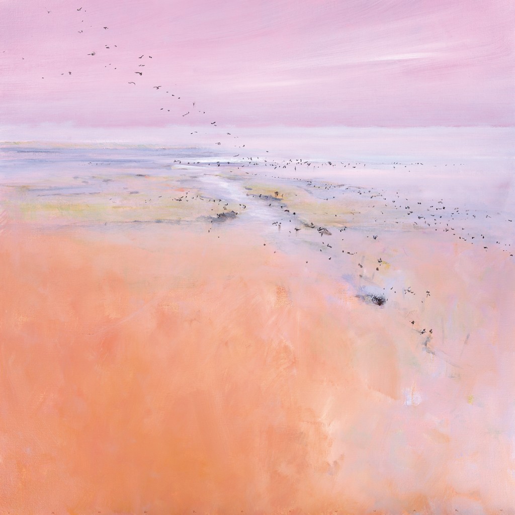 Jan Groenhart, Birds in the Sky (Landschaft, Niederlande, Ebene, Meer, Vogelschwarm, Horizont, Sommertag, Wohnzimmer, Arztpraxis, Schlafzimmer, zeitgenössisch, Malerei, rosa/orange)